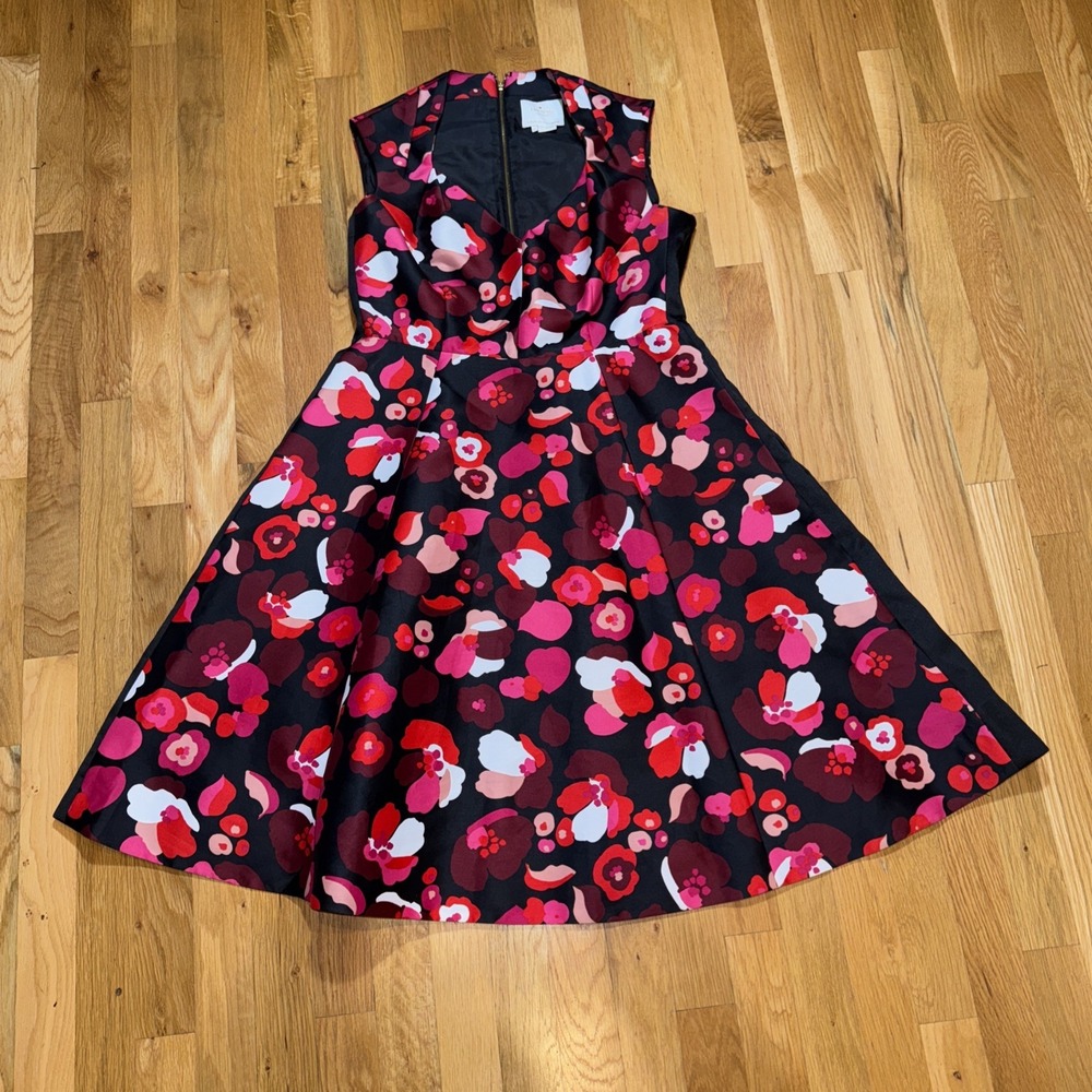 Kate Spade Hazy‎ Floral Dress, Size 4, Zip Back, Bow, Red/black/White, Glam